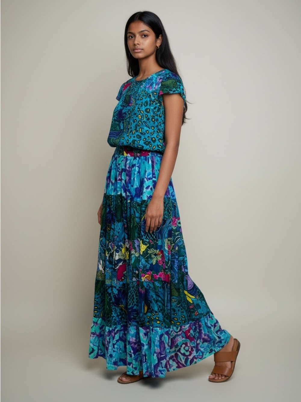Jasmine by KVM Blue Floral Cotton Broomstick Maxi Skirt Medium-XL OS NEW India